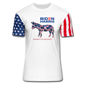 Biden/Harris Donkey on Board with Stars & Stripes Unisex T-Shirt - white