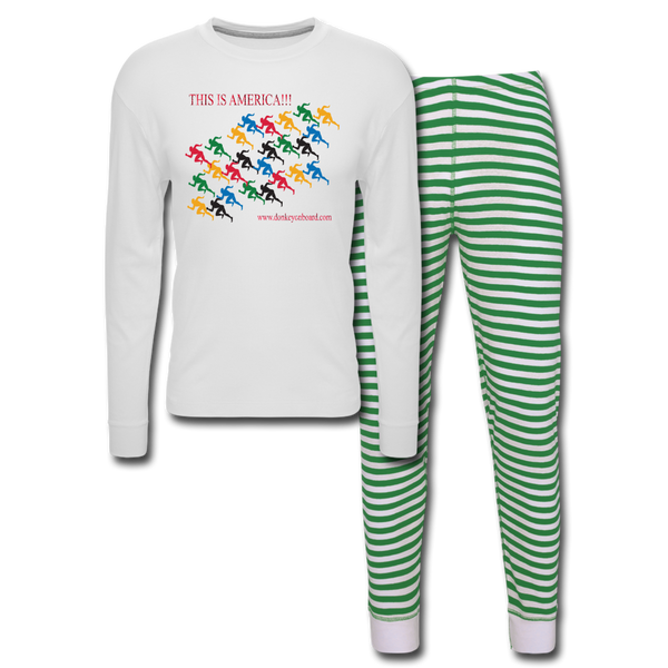 "This is America" with Running Men Unisex Pajama Set - white/green stripe