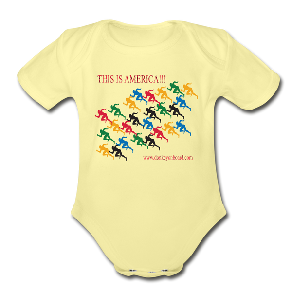 "This is America" Organic Short Sleeve Baby Bodysuit - washed yellow